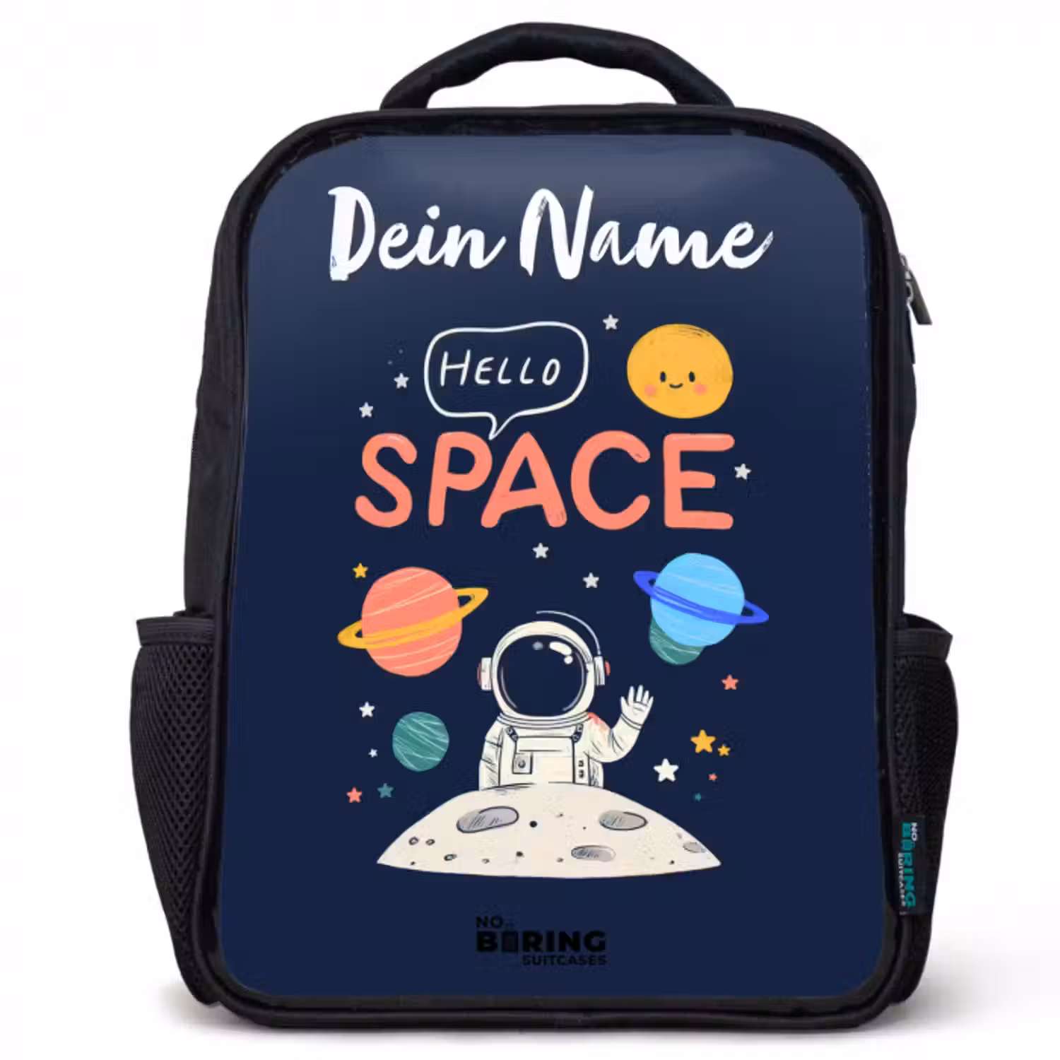 Kinderrucksack mit Namen - Schwarz - Astronaut - Zitat - Planeten - Sterne