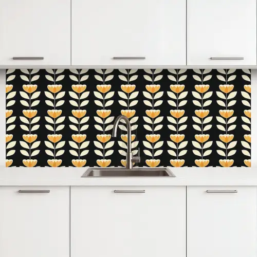 Retro - Bloem - Zwart - Okergeel keuken achterwand 2 middel 871 -3d