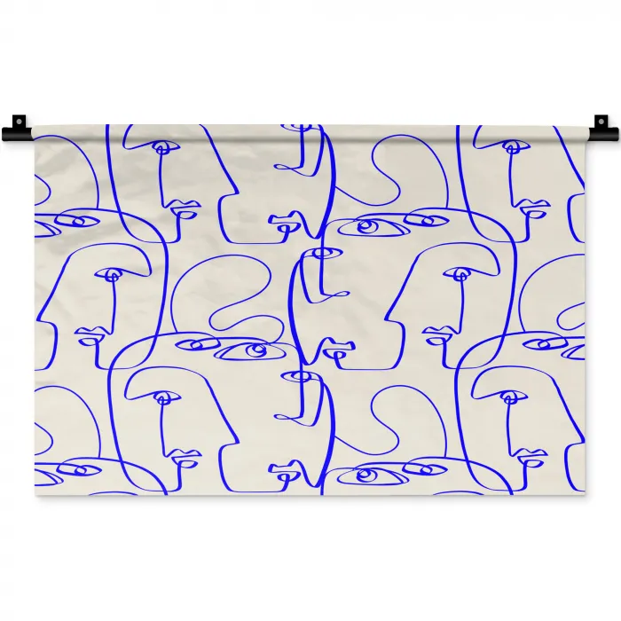 Gezicht - Blauw - Lijnen - Beige Wandkleed katoen klein 269 -zz3d