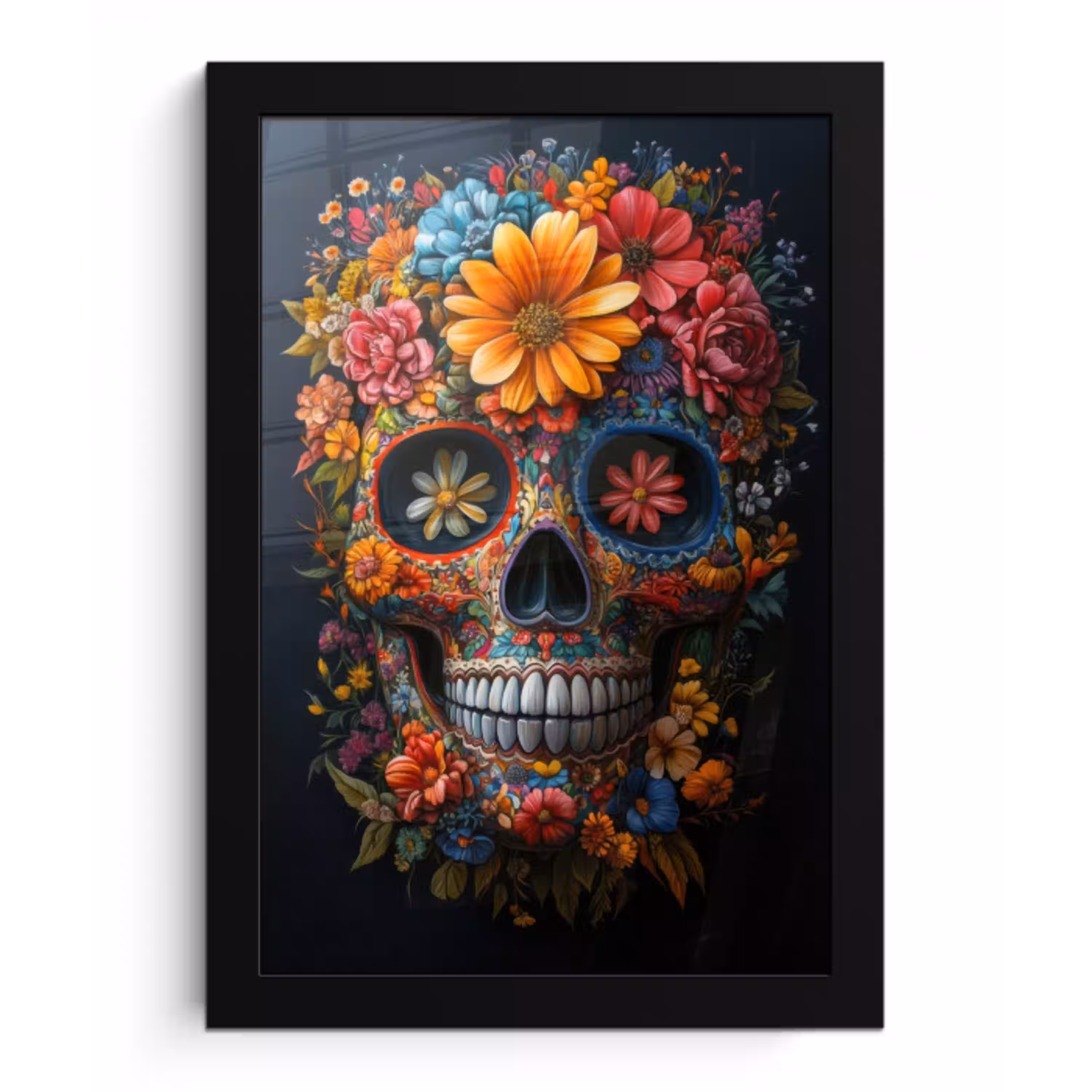 Bloemen - Kleurrijk - Schedel fotolijst zwart zonder passe partout klein -3d