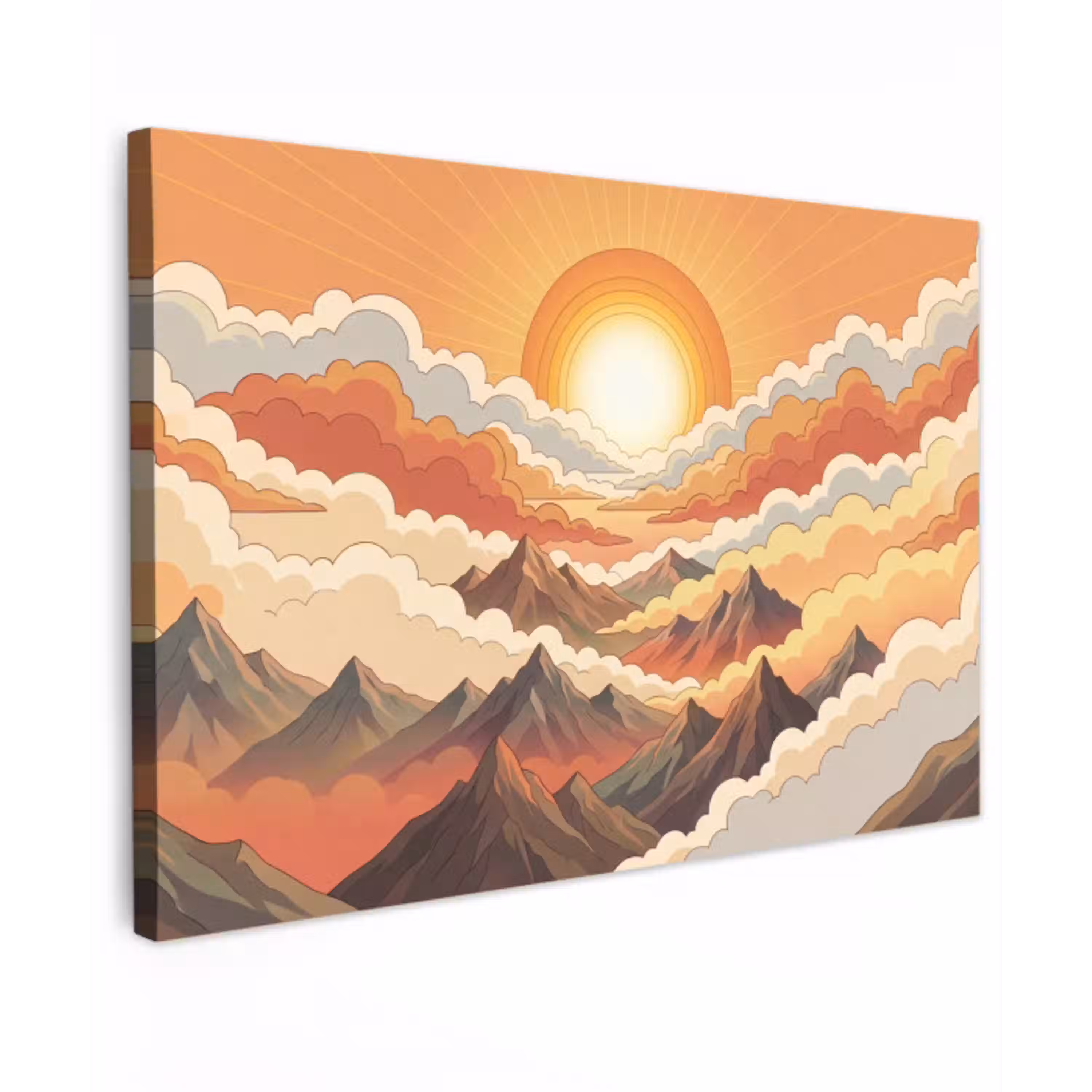 Bergen - Wolken - Natuur - Zonsopgang - Oranje Tuinposter op houten frame 2 cm dik klein -3d