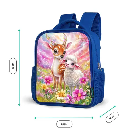 Hertje met een lammetje in pastelbloemenveld Kinderrugzak - Blauw middel -productfoto_formaten