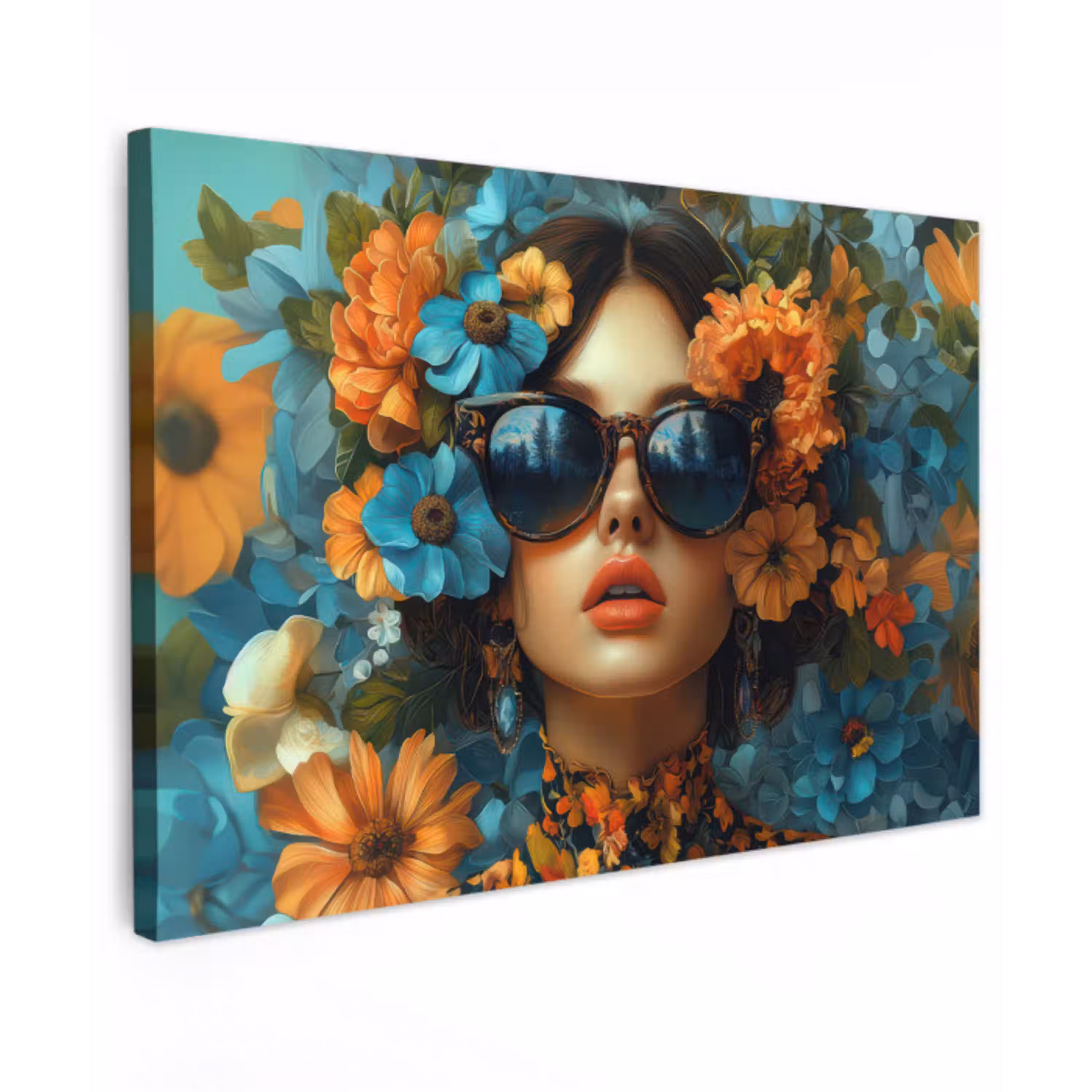 Vrouw - Bloemen - Oranje - Blauw - Modern Tuinposter op houten frame 2 cm dik klein -3d