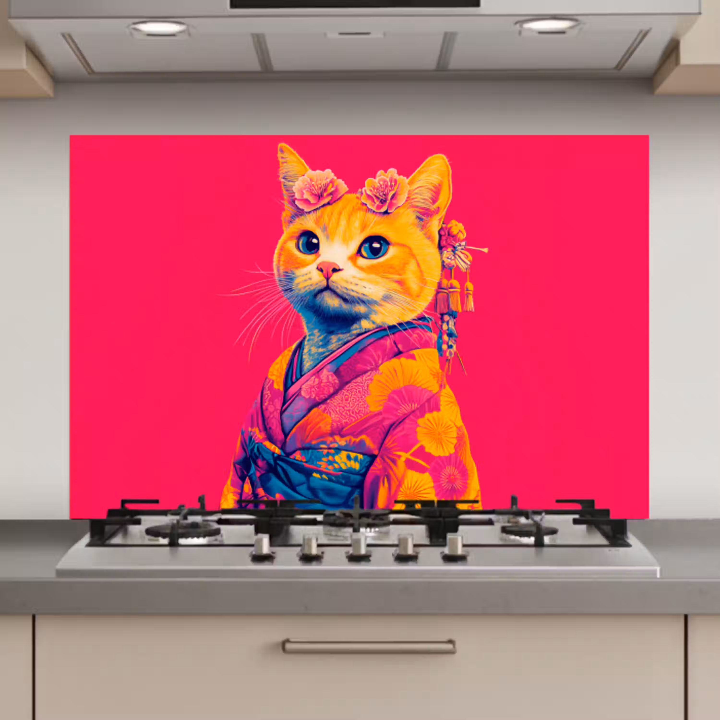Kat - Kimono - Bloemen - Roze keuken achterwand spatscherm klein -3d_website