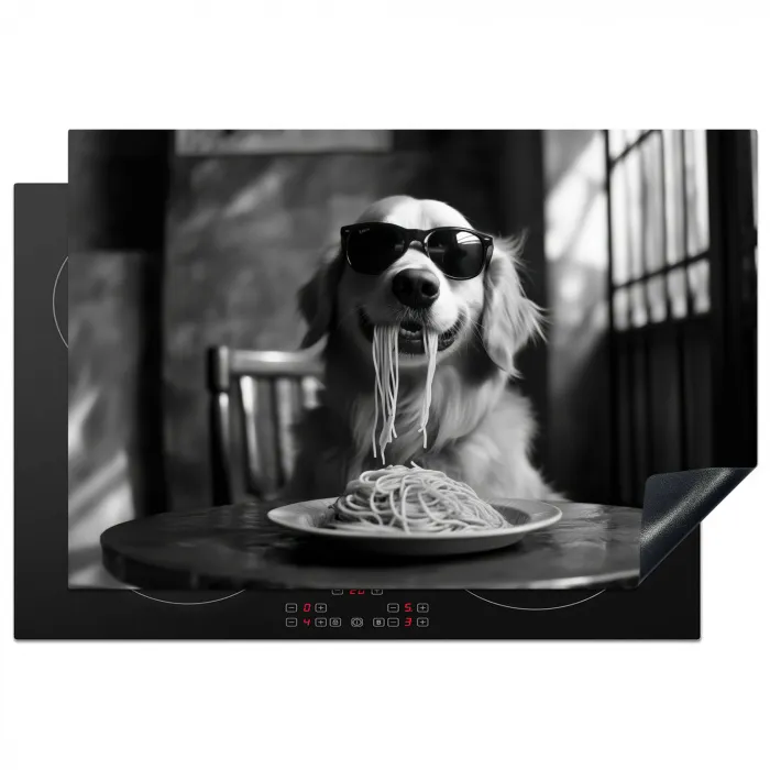 Golden Retriever - Hond - Vrolijk -  Bord spaghetti - Zwart - wit Inductie beschermer vinyl 3mm klein -3d