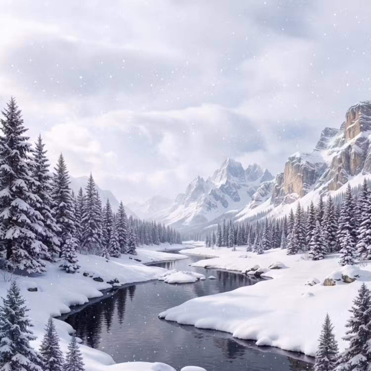 Behang - Sneeuwlandschap - Bergen - Rivier - Winter