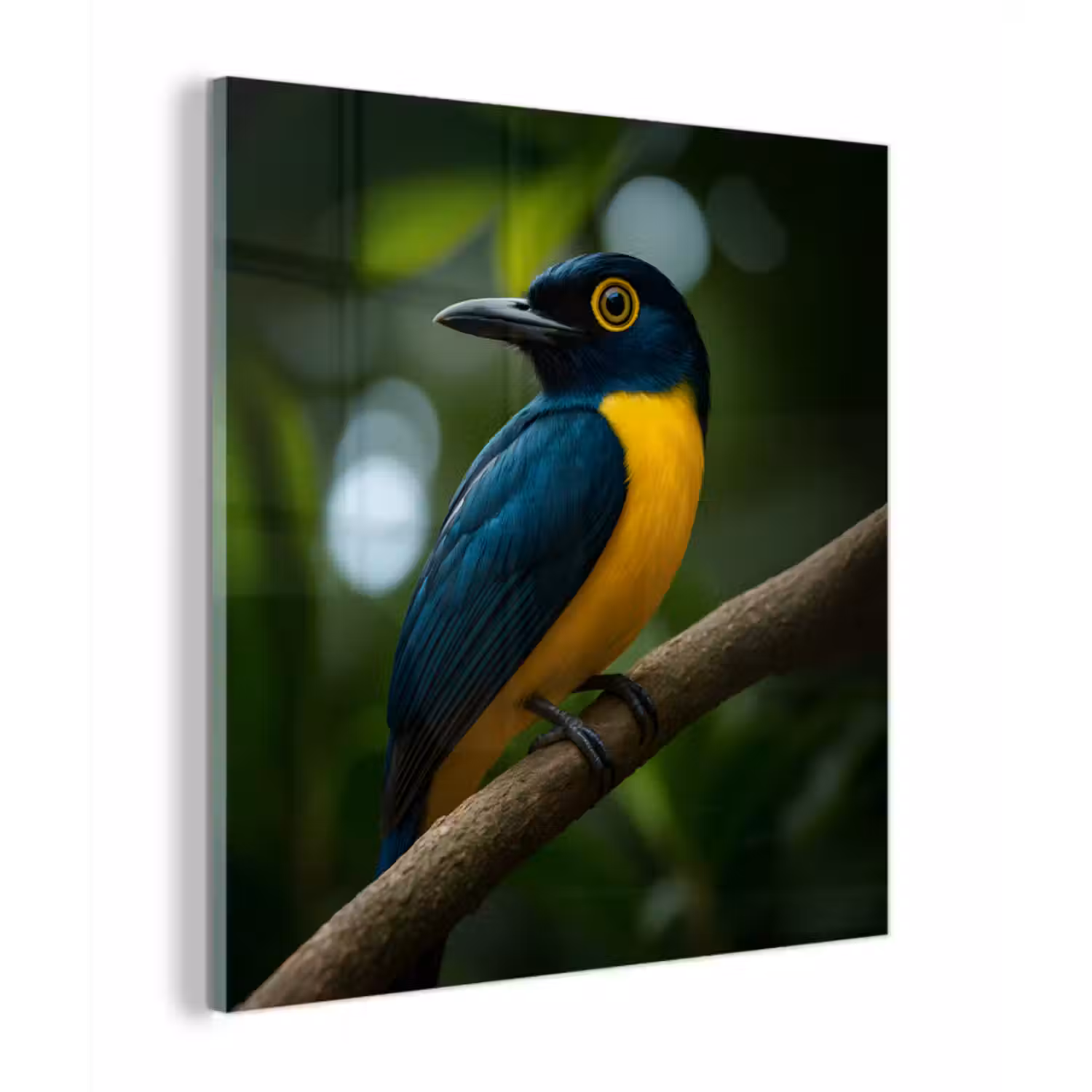 Glas schilderij - Vogel - Tak - Geel - Bladeren