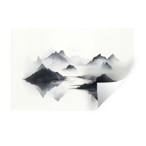 Bergen - Mistig - Water - Wit Muursticker klein -3d