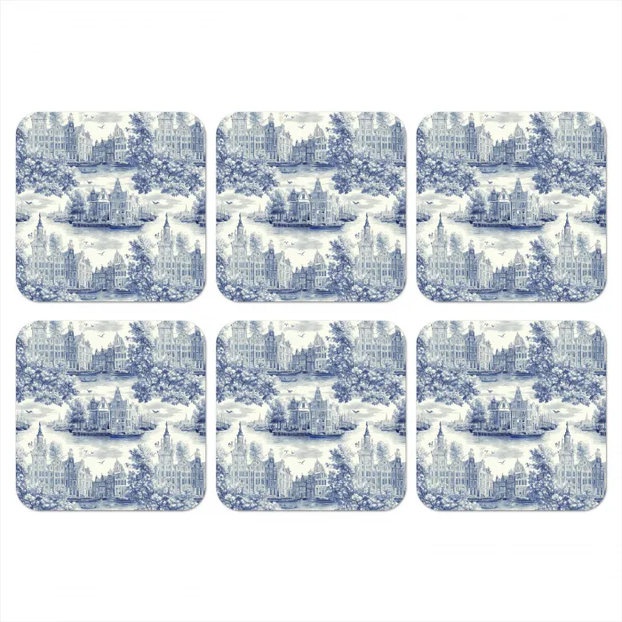 Huizen - Bomen - Water - Vogels - Blauw onderzetter kurk middel 366 -3d