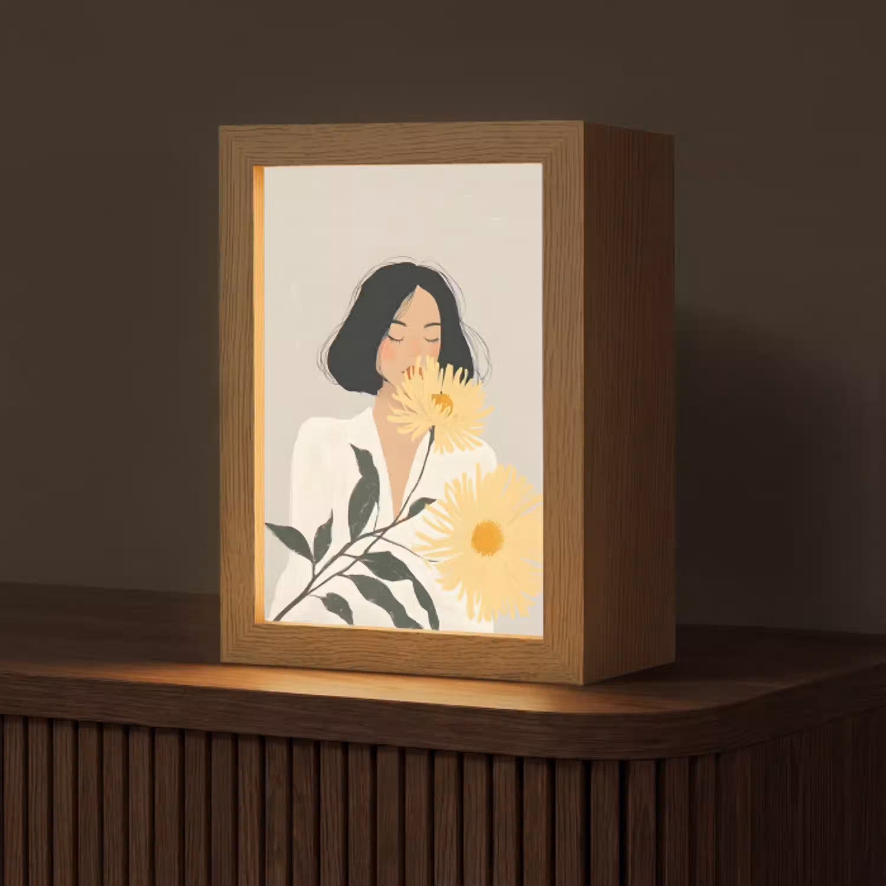Vrouw - Bloem - Geel - Minimalistisch Light Box met kabel (Tafellamp) klein -z3d_website