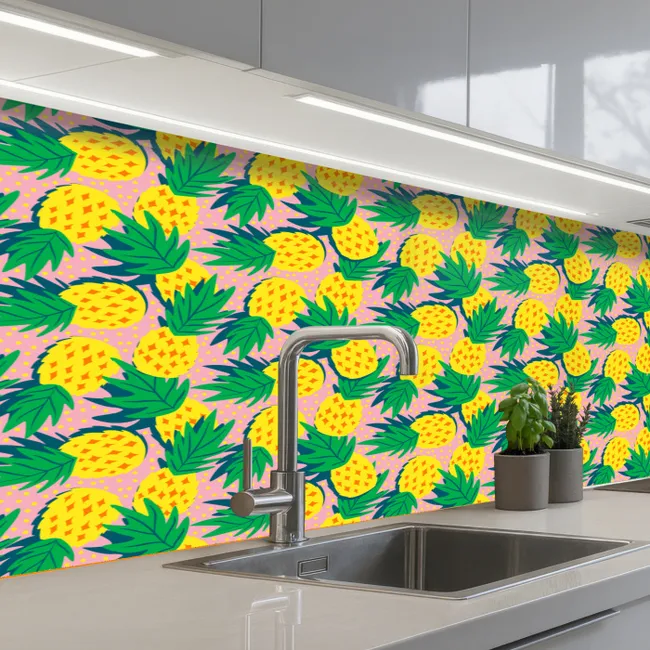 Ananas - Geel - Groen - Tropisch keuken achterwand 2 middel 871 -3d_schuin