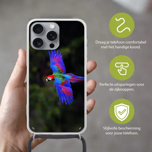 Felgekleurd - Papegaai - Bos - Vleugels Hoesje iPhone 16 Pro Max met koord klein -sfeer2_NL