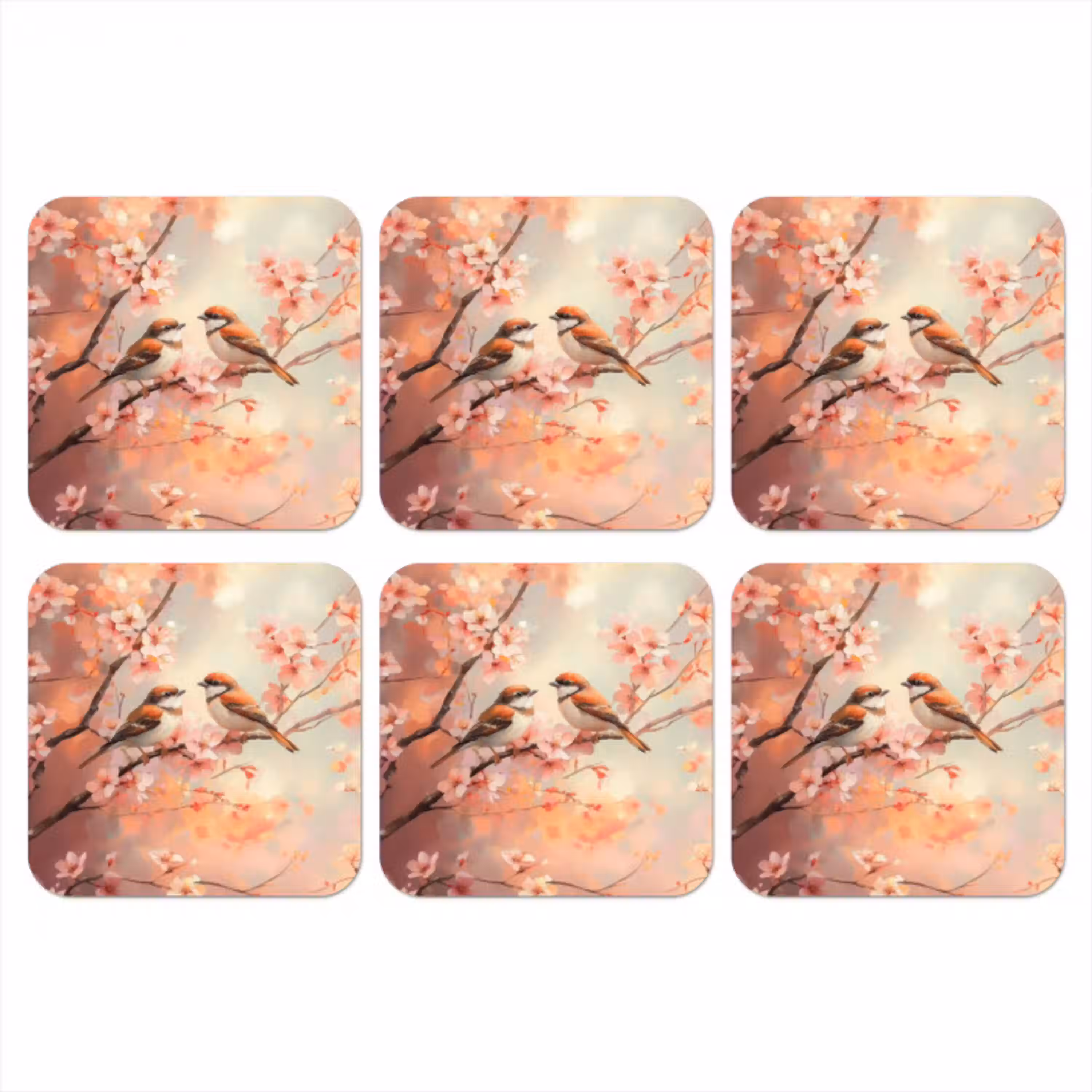 Vogels - Romantic - Bloesemtak onderzetter kurk middel -3d