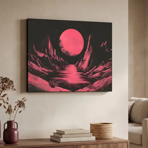 Maan - Felroze - Bergen - Rivier Textielframe zwart klein -sfeer3