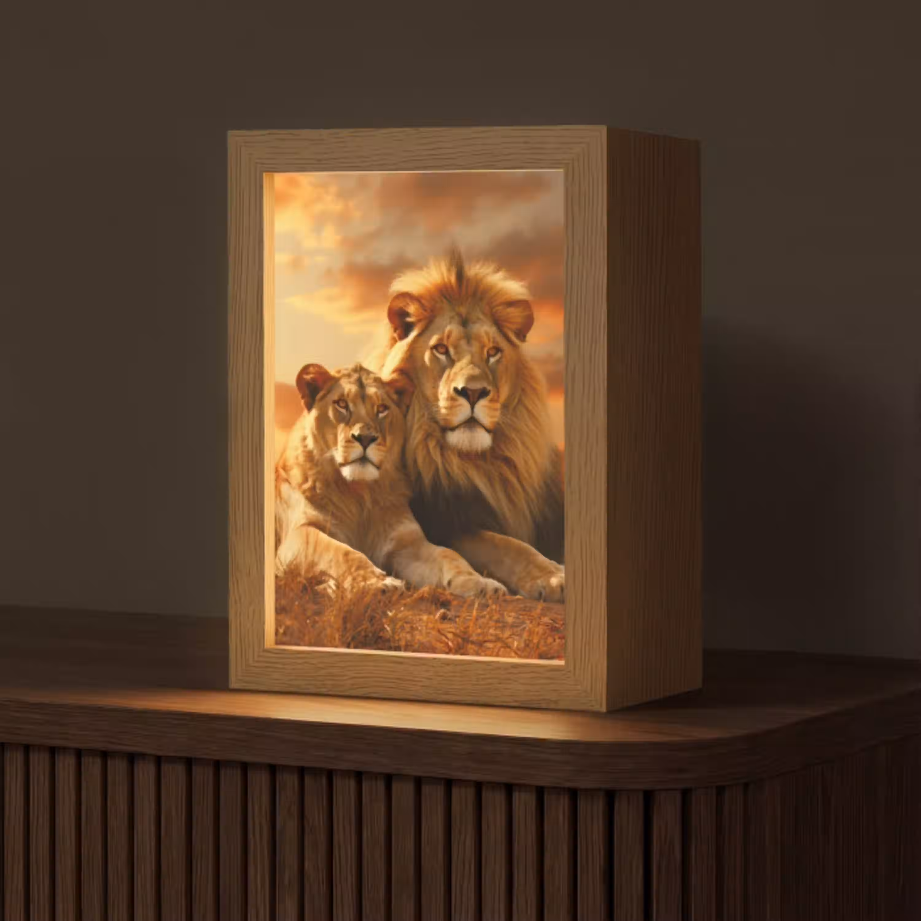 Leeuwen - Zonsondergang - Afrika - Savanne - Dieren Light Box met kabel (Tafellamp) klein -z3d_website