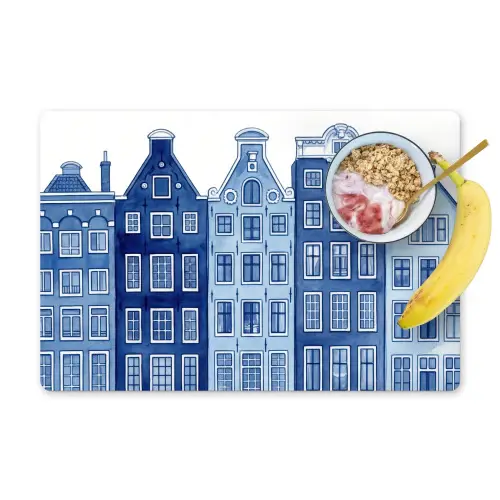 Aquarel - Grachtenpanden - Delfts - Blauw Placemat vinyl groot -zzzproduct_Kitchenyeah-website
