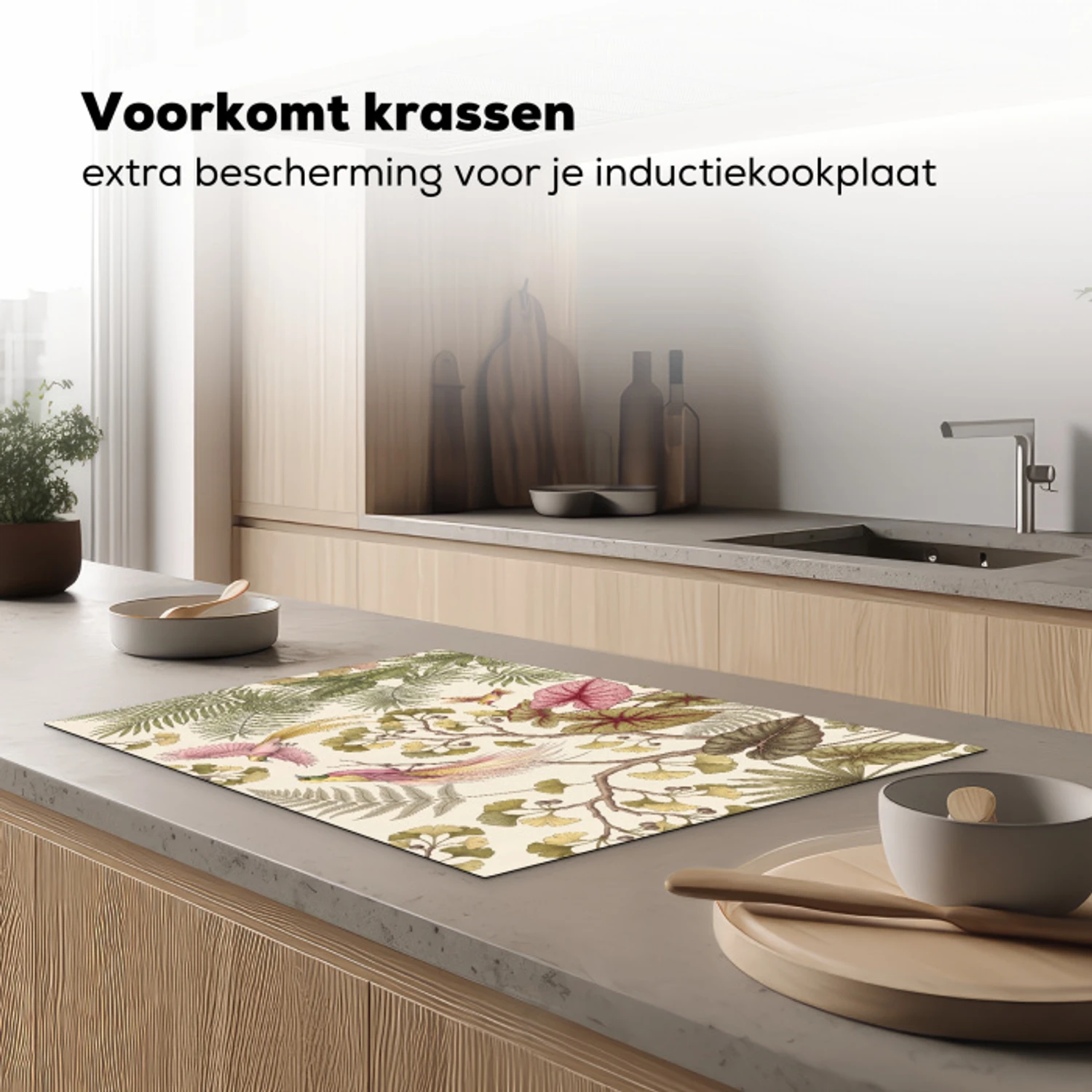Vogels - Tropisch - Botanisch - Roze Inductie beschermer vinyl 3mm klein -sfeer1