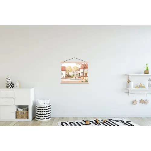 Dorpsplein - Fontein - Tulpen textielposter latten blank klein -kinderkamer