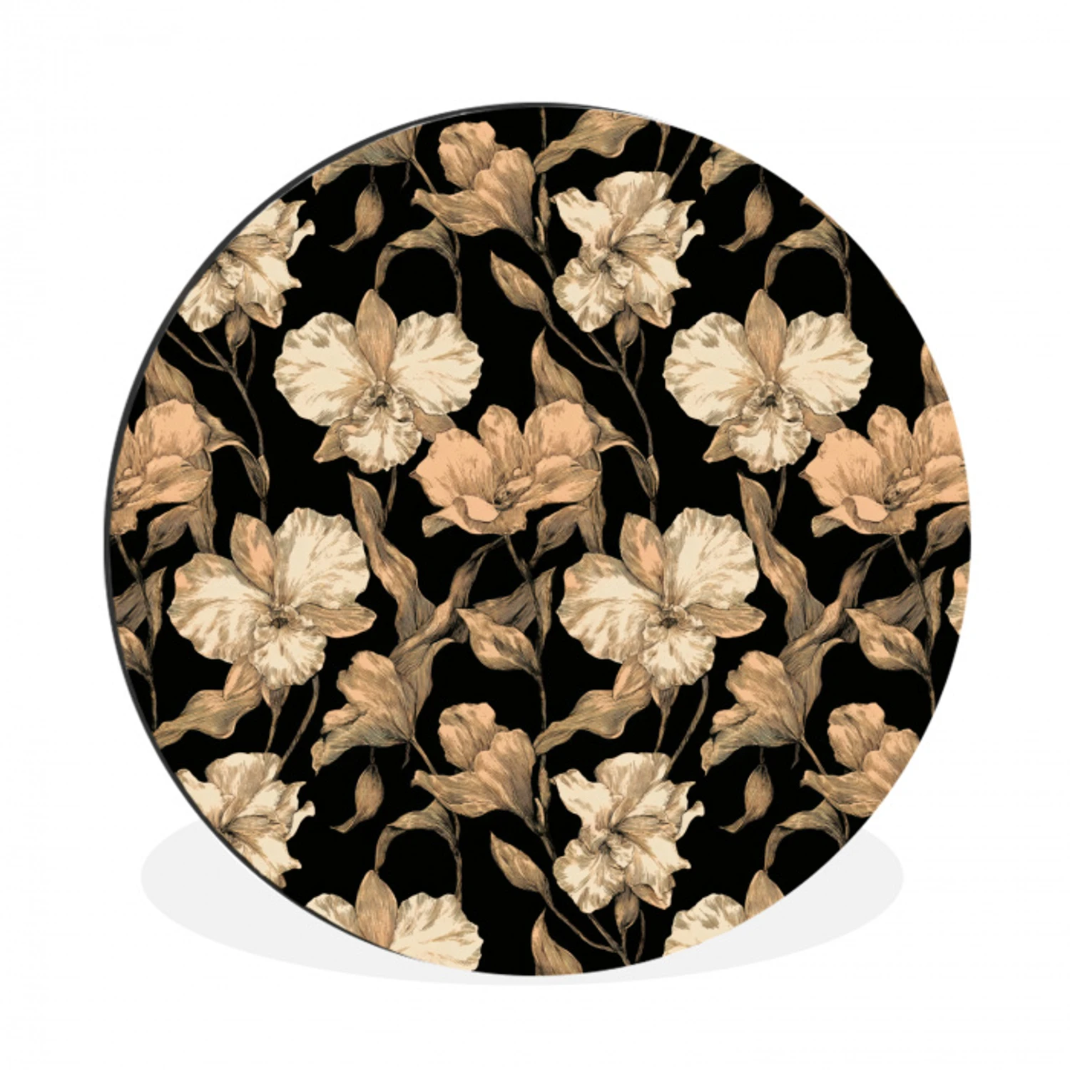 Orchideeën - Lijntekening - Patroon - Beige - Zwart Wandcirkel aluminium klein 190 -3d