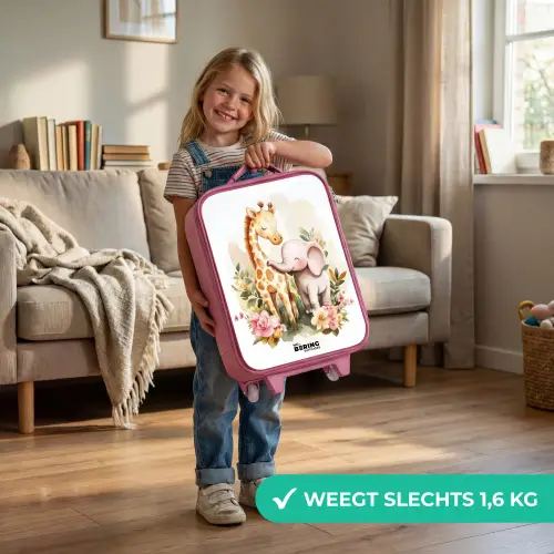 Giraffe en olifant tussen bloemen op witte achtergrond Kinderkoffer - Roze klein -sfeer2_NL