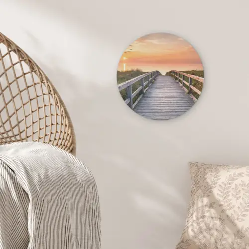 Zonsonderang - Zee - Pad - Gras - Duin - Vogels Akoestische PET Vilt - Rond klein -sfeer4