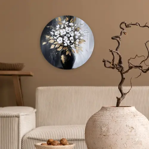 Bloemen - Wit - Vaas - Abstract Wandcirkel plexiglas klein -sfeer1