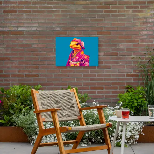 Bloemenkrans - Hagedis - Kimono - Paars Tuinposter op houten frame 2 cm dik klein -sfeer3