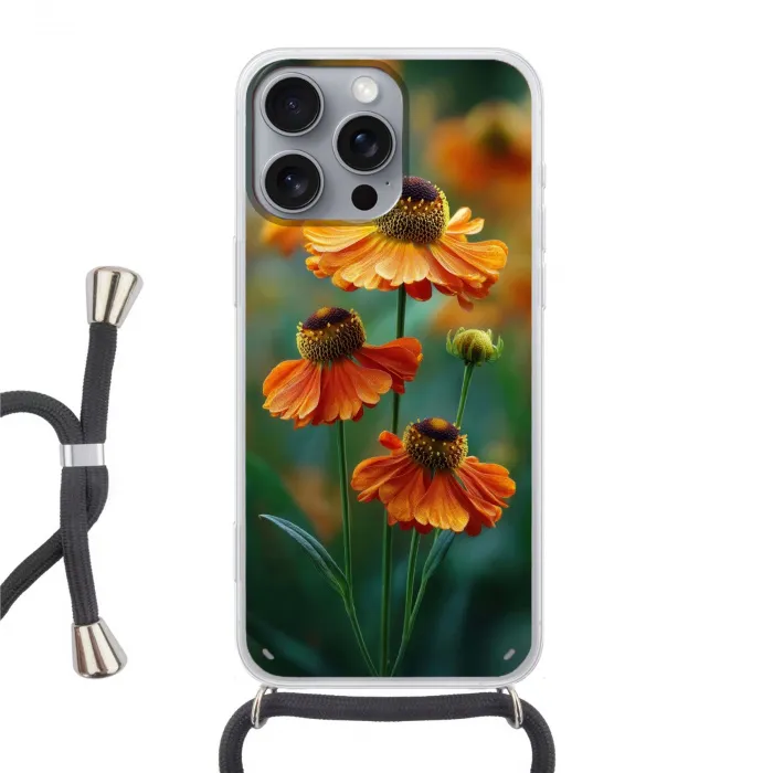 Oranje bloemen - Levendig - Wazige achtergrond Hoesje iPhone 16 Pro Max met koord klein -3d