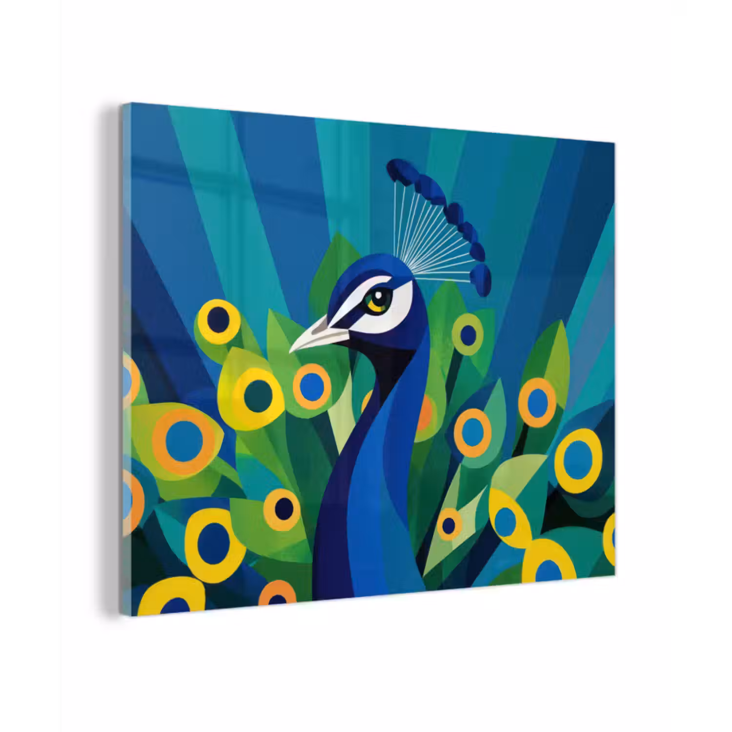 Glas schilderij - Pauw - Cirkels - Blauw