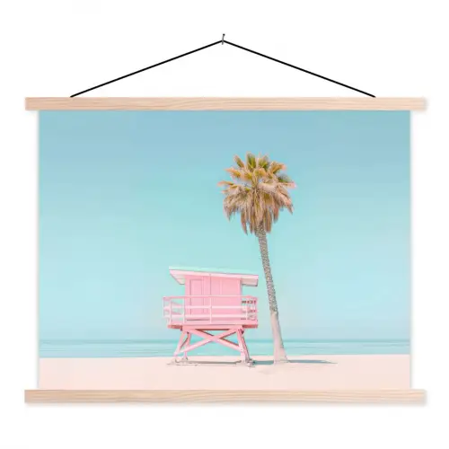 Palmboom - Strandhuis - Roze textielposter latten blank klein -3d