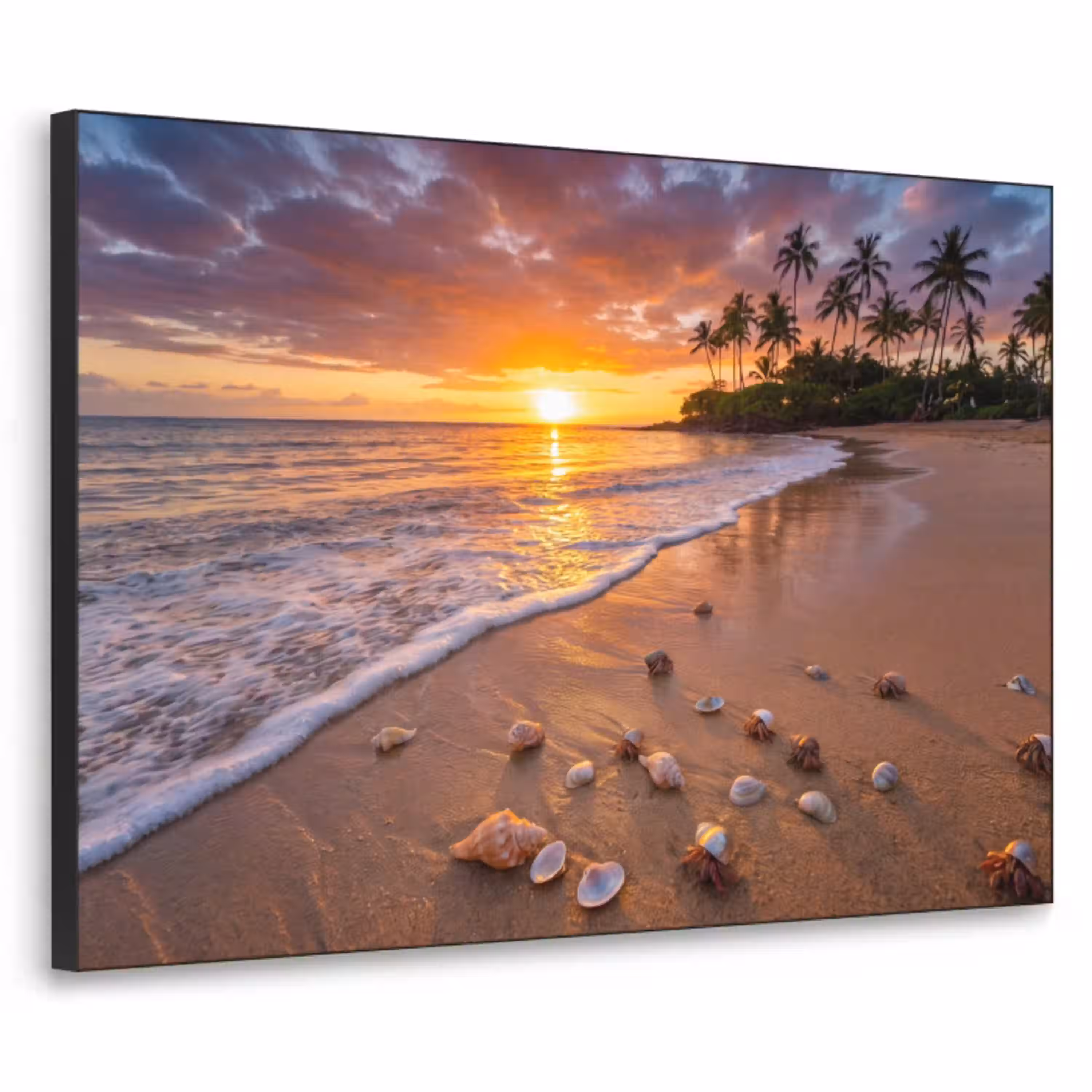 Strand - Zonsondergang - Palmbomen - Natuur - Oranje Textielframe zwart klein -3d