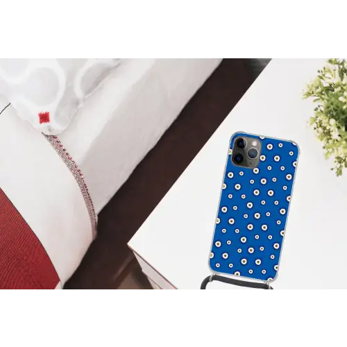 Griekse Boze Oog - Patroon - Blauw Hoesje iPhone 12 Pro met koord klein -kamer