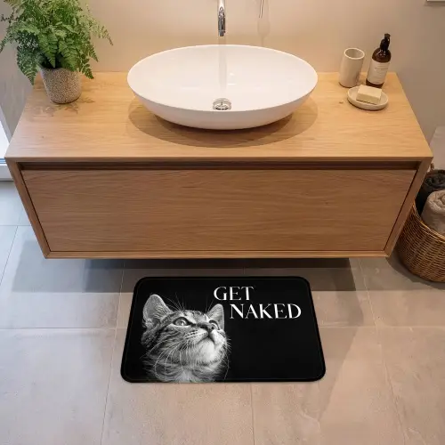 Kat - Dieren - quote - Get naked - Zwart Badmat klein -sfeer1