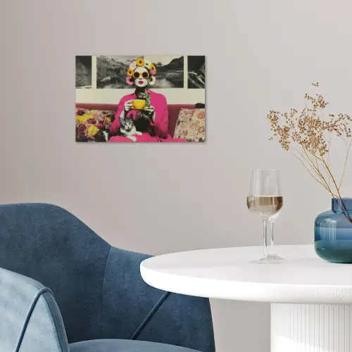 Vrouw - Kat - Bloemen - Kopje - Retro poster papier klein -sfeer3