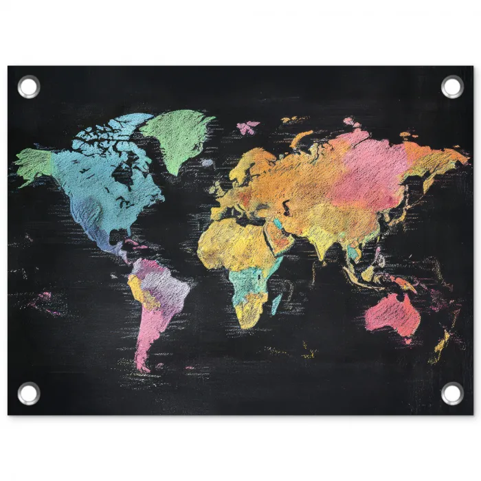 Wereldkaart - Krijtstrepen - Regenboog tuinposter los doek klein -3d