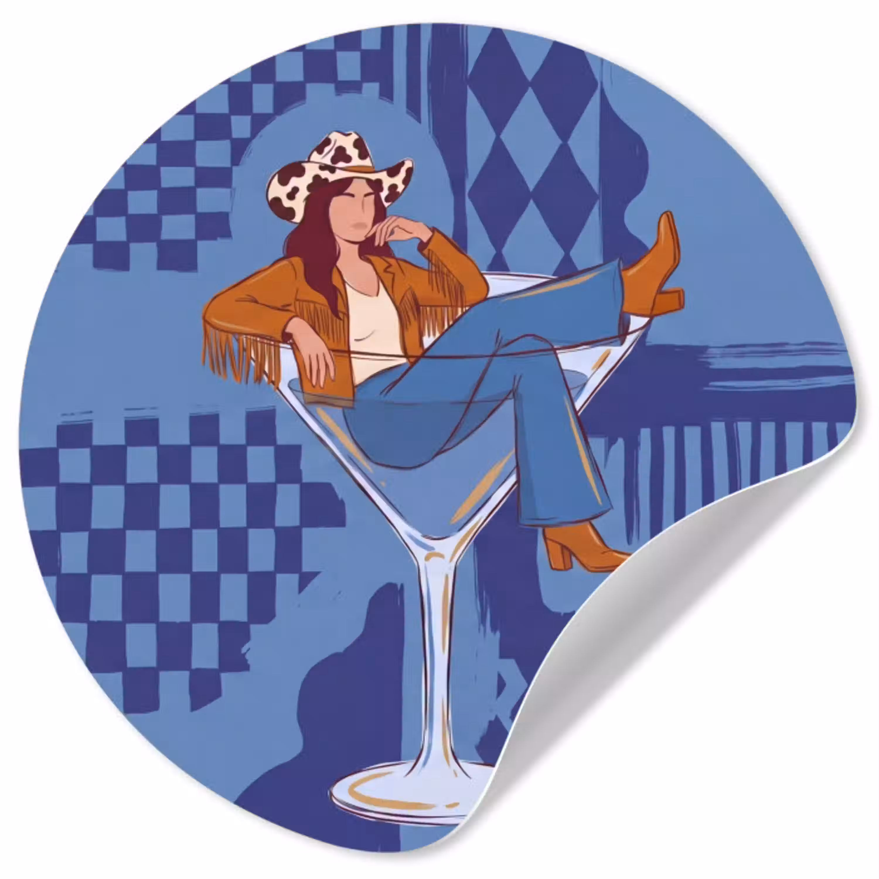Vrouw - Martini glas - Abstract - Blauw - Kunst Wandcirkel behangsticker klein -3d
