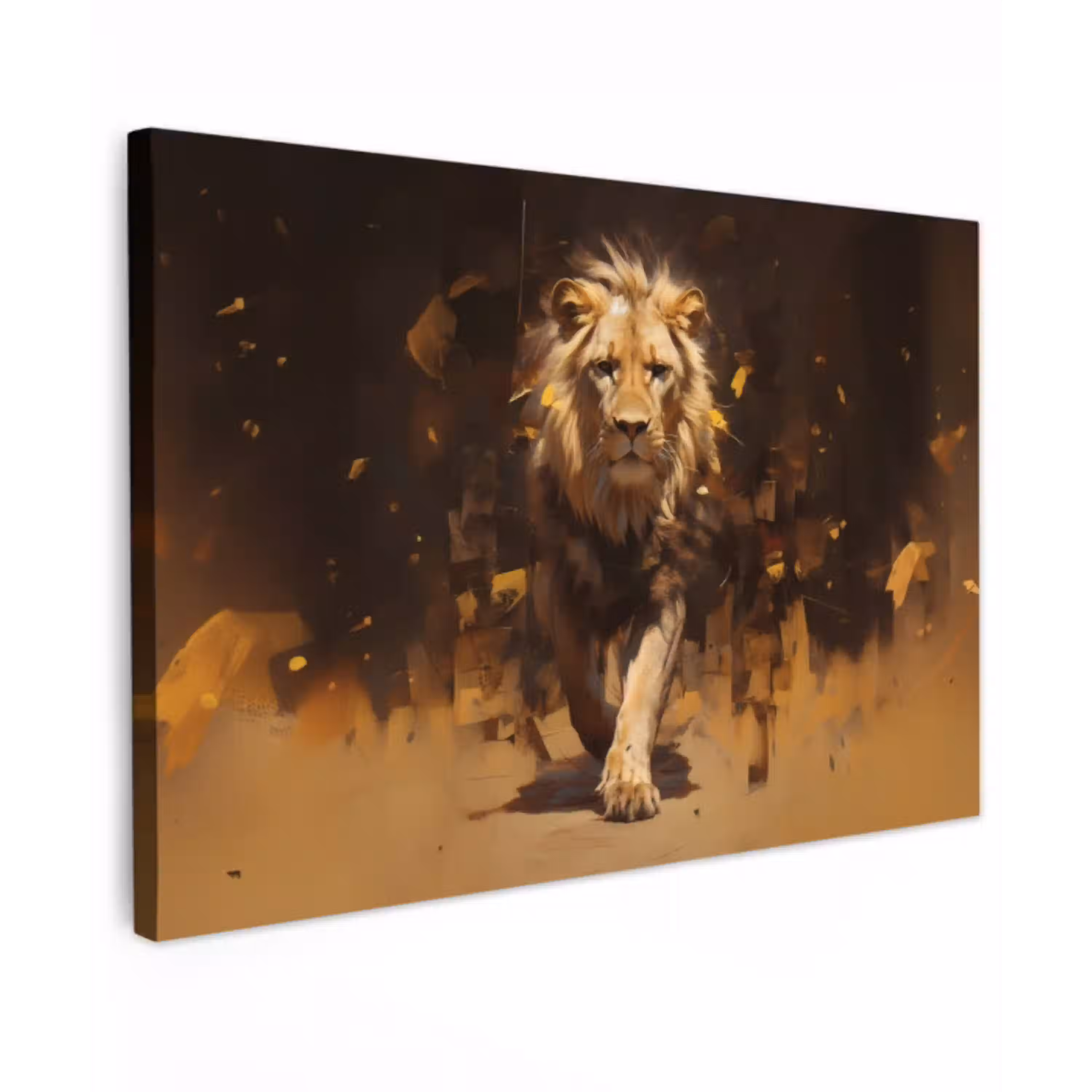 Leeuw - Geschilderd - Abstract - Goud Tuinposter op houten frame 2 cm dik klein -3d