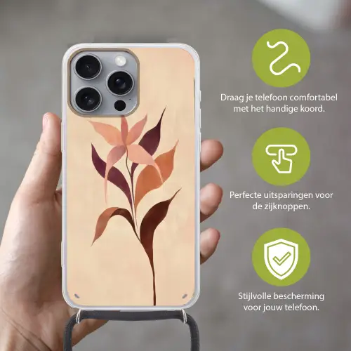 Minimalistisch - Bloem - Bladeren - Beige Hoesje iPhone 16 Pro Max met koord klein -sfeer2_NL