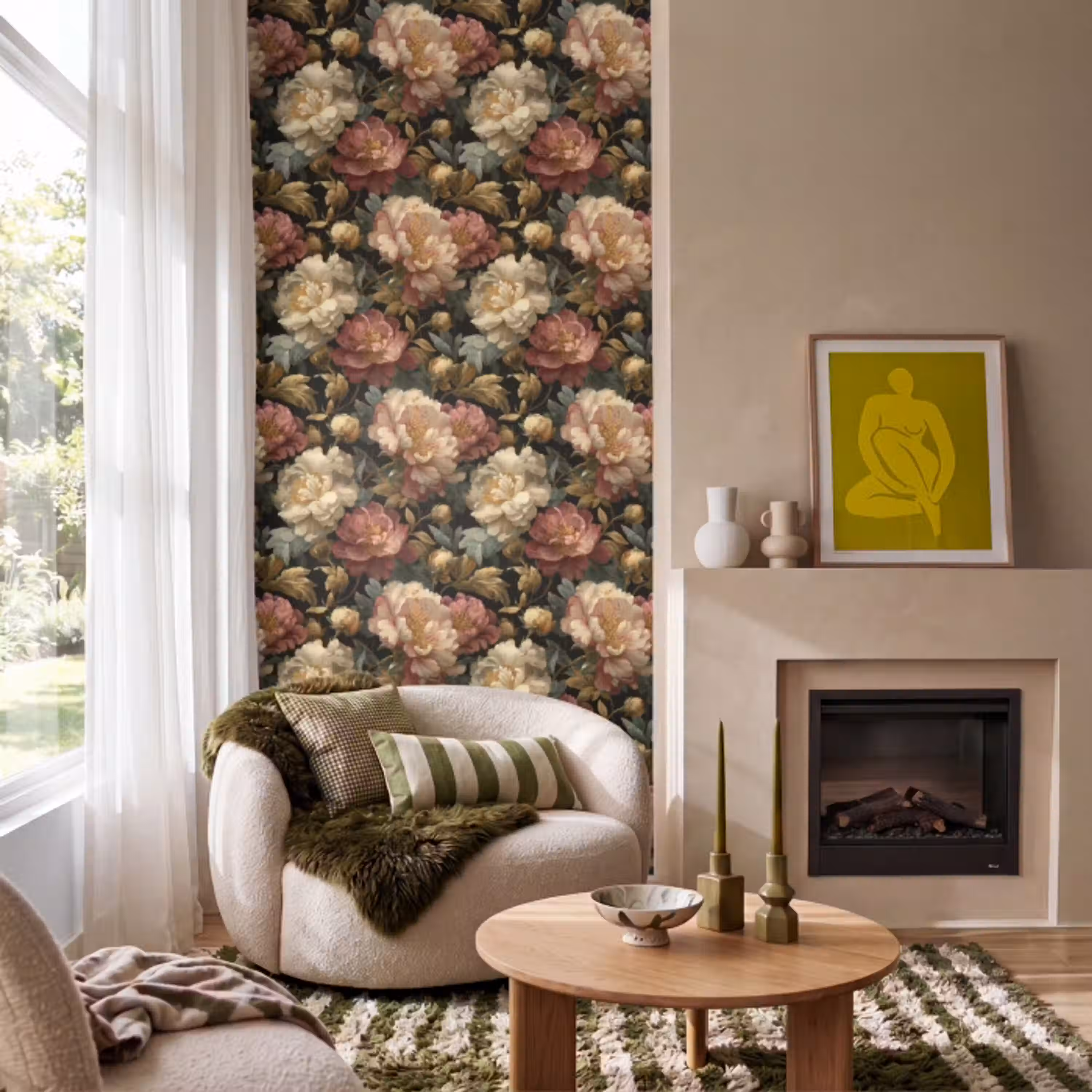 Bloemen - Barok - Patroon - Roze - Crème Behang Vlies klein 1076 -sfeer2