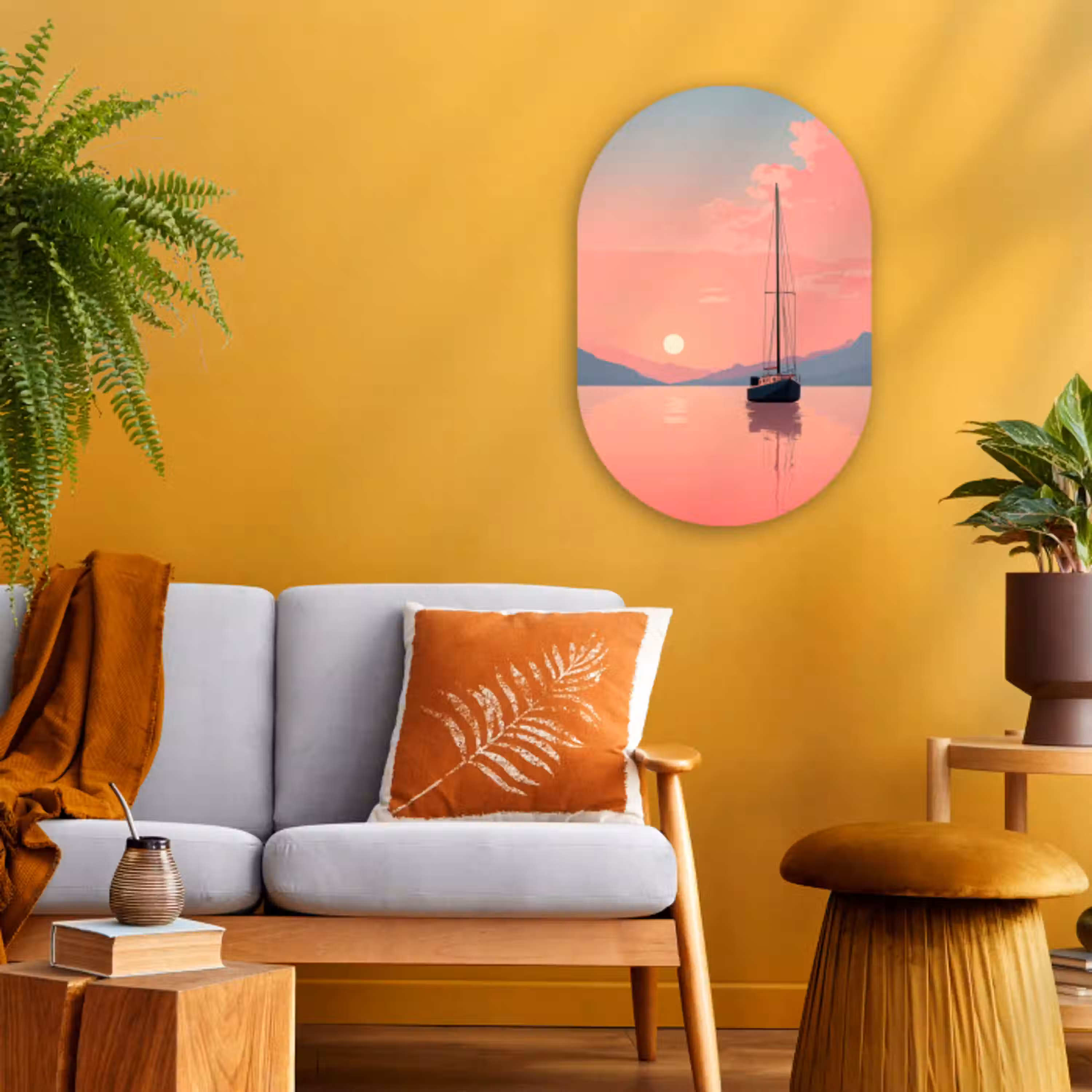 Zeilboot - Roze zee - Zonsondergang - Bergen Wandcirkel Ovaal Forex klein -sfeer4