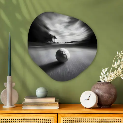 Golfbal - Wazig - Zwart Wandcirkel Organisch Plexiglas middel -sfeer2