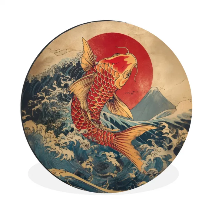 Koi - Zee - Golven - Zon Wandcirkel aluminium klein -3d