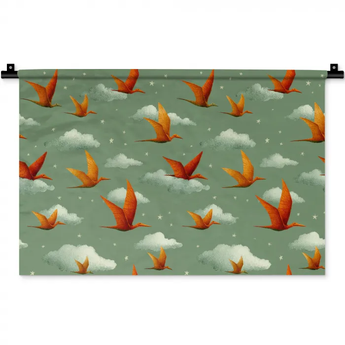 Dinosaurussen - Wolken - Sterren - Oranje Wandkleed katoen klein -zz3d