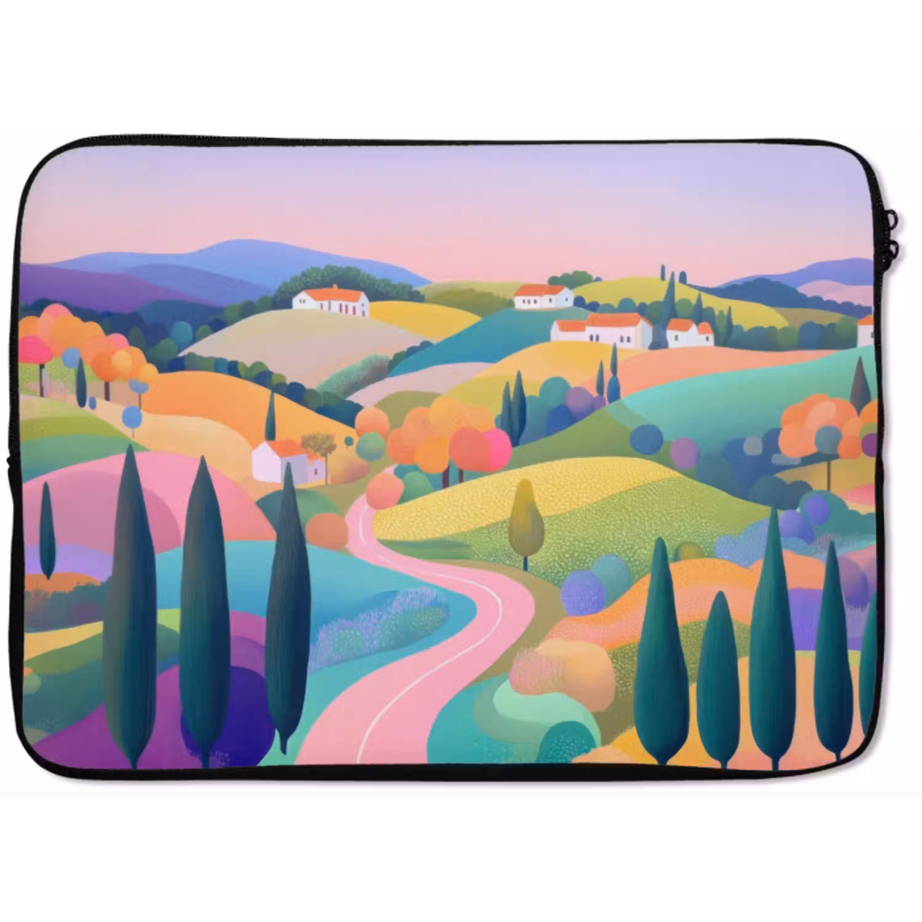 Landschap - Paars - Pastel - Huizen laptophoes neopreen klein -zkaufland3dotto