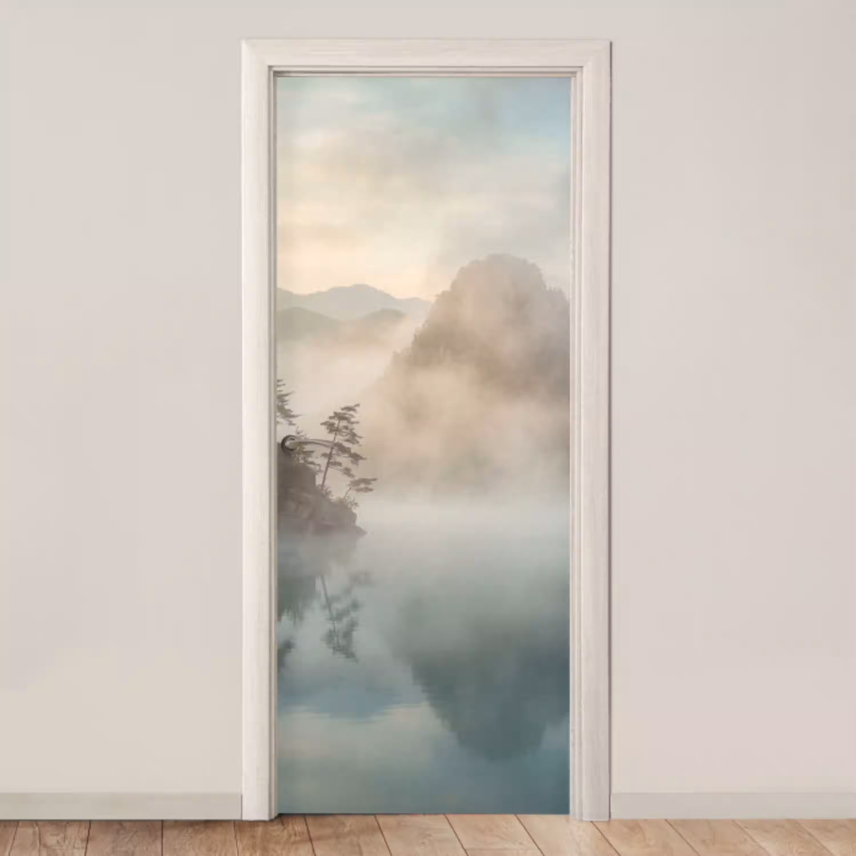 Landschap - Bergen - Mist - Water - Natuur deurposter klein -3d_beige