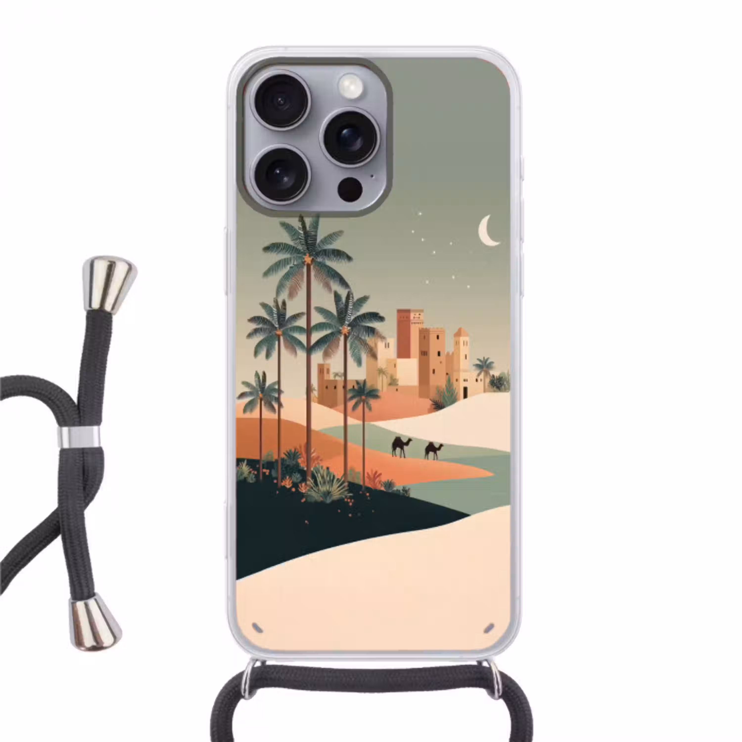 Nachtlandschap - Kamelen - Sterren - zandduinden Hoesje iPhone 16 Pro Max met koord klein -3d