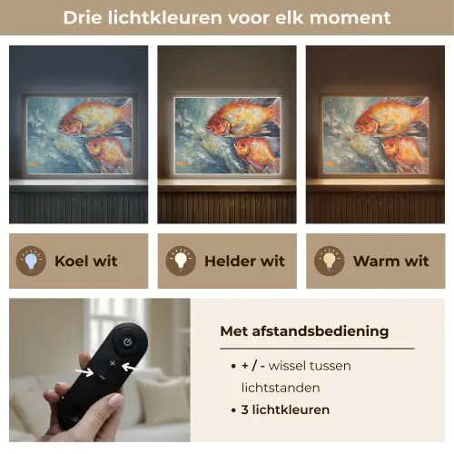 Vissen - Water - Dieren - Kunst - Olieverf Light Box met batterij (Wandlamp) middel -USP_lichtkleurNL