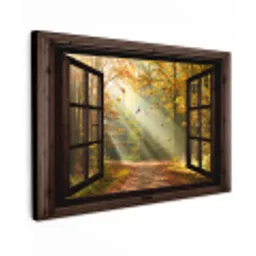 Bos - Bomen - Herfst - Zon - Herfstbladeren - Natuur - Doorkijk Tuinposter op houten frame 2 cm dik klein -3d