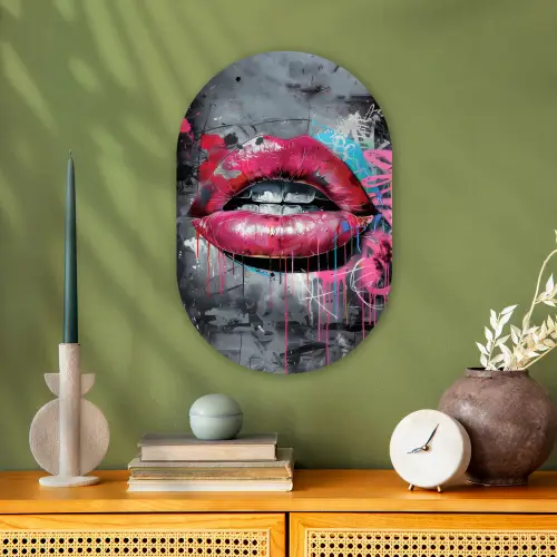 Lippen - Felroze - Graffiti - Verfstrepen Wandcirkel Ovaal Forex klein -sfeer2