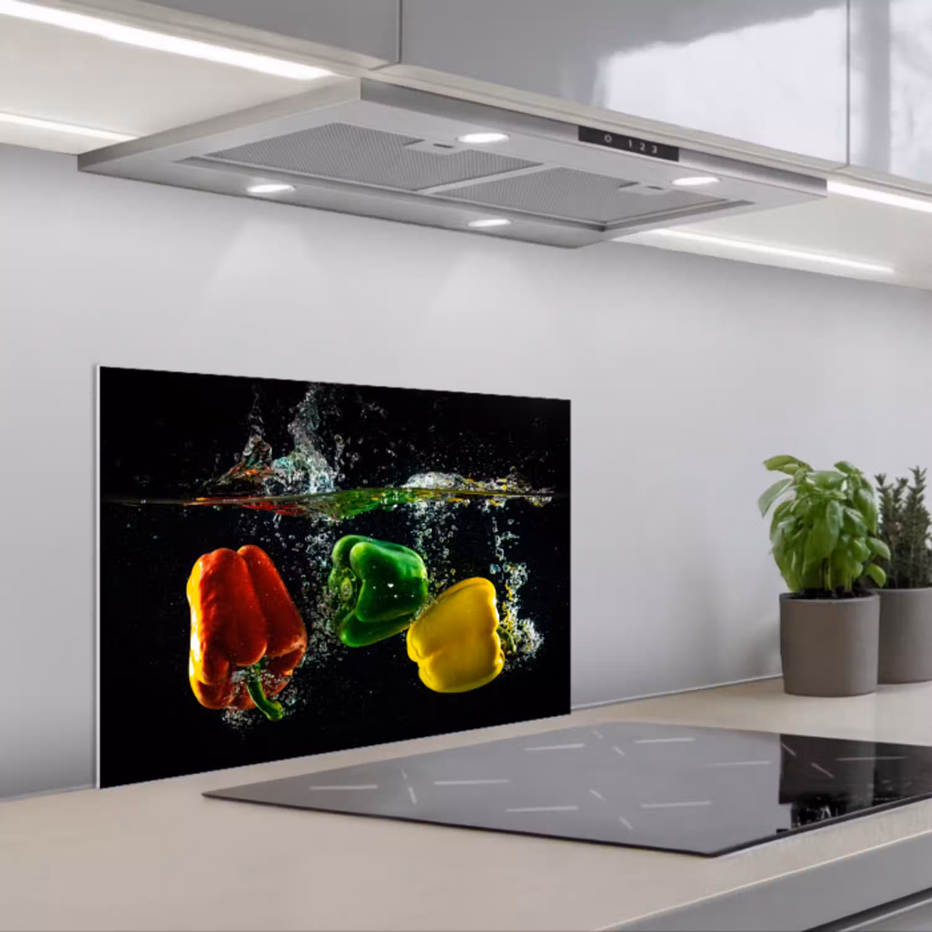Paprika - Groente - Water - Zwart - Rood - Groen - Geel keuken achterwand spatscherm klein -3d_schuin